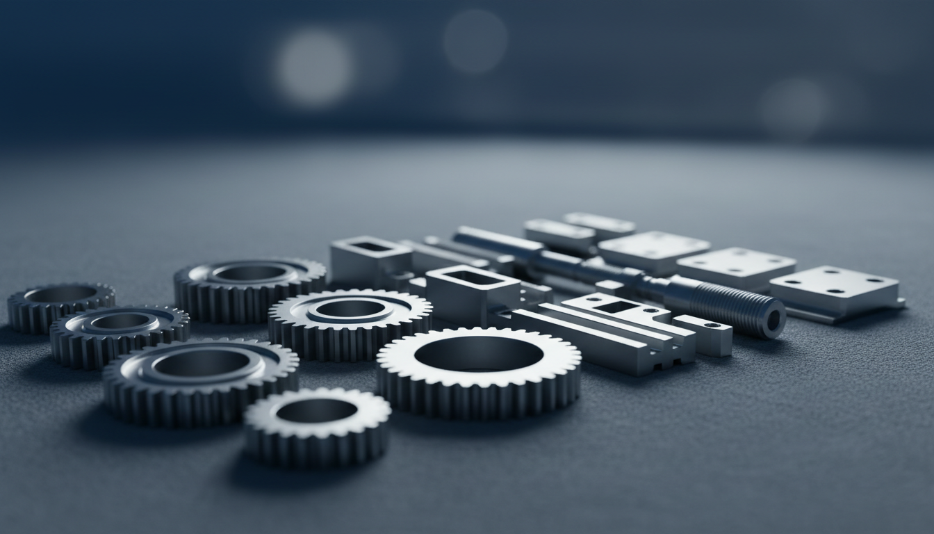 A sharply focused view of precision-manufactured components—gleaming stainless steel gears and machined parts—neatly aligned on a soft slate-grey textile surface. The background fades into an abstract blue-grey gradient, evoking an industrial yet modern setting. Cool, directional studio lighting creates distinct highlights on metal surfaces while soft shadows add depth and structure. Captured from an ultra-close, low-angle perspective, the composition emphasizes detail and craftsmanship, with a shallow depth of field creating elegant bokeh in the background. The image embodies high standards, quality assurance, and engineering expertise, perfectly suiting a quality-focused B2B services section.