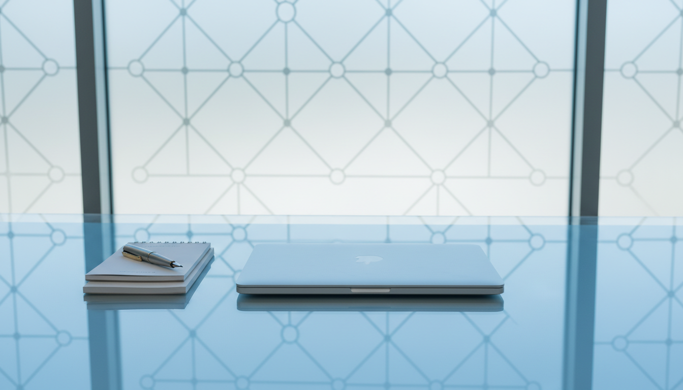 An immaculately organized, modern workspace featuring a high-gloss, gradient blue and grey acrylic desktop surface. Upon it rests a closed silver laptop, a tidy stack of white notepads, and a brushed steel fountain pen. The setting is accented by a backdrop of a large frosted glass window with a subtle geometric pattern, softly diffusing clean daylight. Lighting is cool and even, enhancing the clarity of each object and casting faint, defined shadows. Framed from an eye-level angle with a balanced composition, the image radiates calm, efficiency, and clarity. The visual style is photographic realism with a minimal, trust-focused design, ideal for illustrating seamless business processes on the Services page.